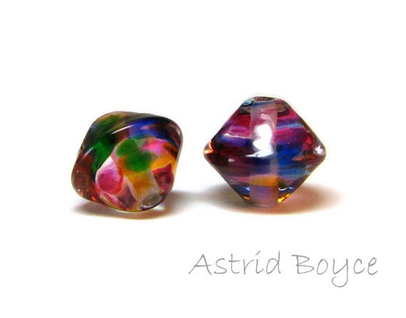 Diamond Rainbow Artisan Lampwork Glass Bead Pair - bicone shape - Free USA Shipping-Glass for Necklaces -Purple Green Blue Transparent Glass