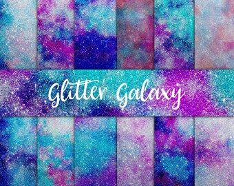Glitter backgrounds, galaxy paper pack, digital paper, ombre textures, watercolor texture, mermaid scrapbook, purple starry night , galactic
