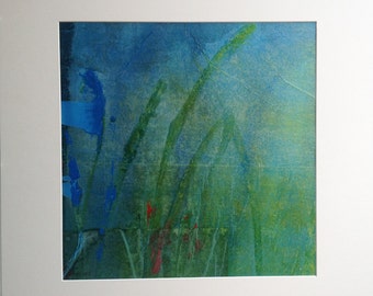 Original painting in blue and green, abstract art acrylic and collage on canvas. Contemporary art.