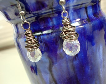 Clear Crystal Earrings, Clear Crystal Wire Wrapped Oxidized Sterling Silver.