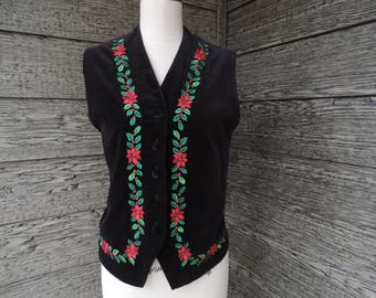 tacky Christmas vest vintage black velvet poinsettia ugly holiday vest medium