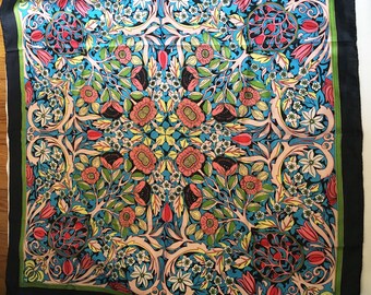 Art Nouveau Black and Spring Flowers Motif Silk