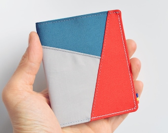 Mens Bifold Wallet. Red Teal and Grey Cordura Wallet. Vegan Wallet. Slim Wallet. Thin Wallet. Minimalist. Upcycled Wallet.