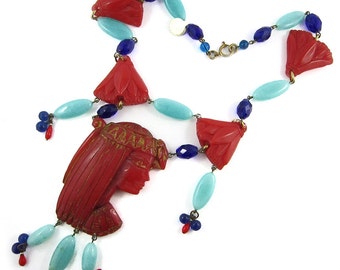 Vintage re-worked Galalith and Bead Egyptian Revival Necklace