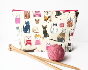 Knitting bag, Cat crochet project bag, Knitting project, Large padded zipper pouch for make up, cosmetics, craft storage, sock bag.