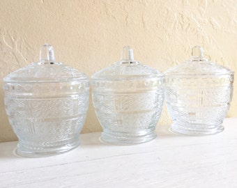 Trio of Matching Mid-Century Modern Glass Jars with Lids Three 3 Stylish Storage Crafts Kitchen Office