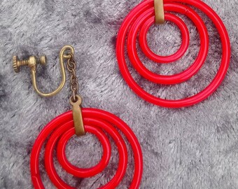 Art Deco Red Glass Hoop Earrings