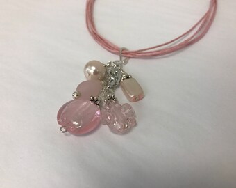 Pink Glass Pearl Pendant Cluster Necklace