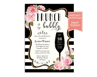Brunch and Bubbly Bridal Shower Invitation Template - Floral Pink and Black - Wedding Shower - Editable Instant Download Invitation - LR1089