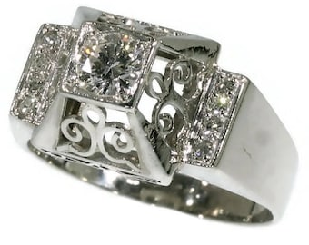 Vintage diamond ring platinum center brilliant cut diamond .35ct Mid-century engagement ring