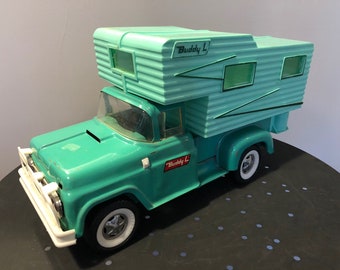 Vintage Buddy L Pressed Steel Truck and Camper, Aqua Color