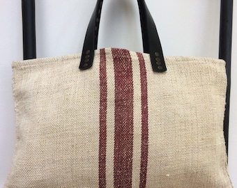 Vintage Linen Tote/Shopper Bag with 100% Leather Handles