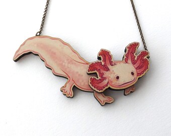 Laser Cut Axolotl Statement Necklace - Newt Salamander Amphibian Pond Fish Axolotl Mermaid Animal Aquarium Pet Jewellery Birch Please