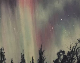 Painting of Aurora borealis, northern lights over Scotland, scotlands skies, pastel art