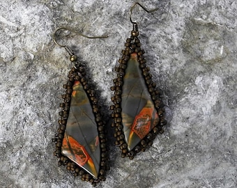 Beaded Statement Earrings - Bead Weaving Jewelry - Dangles - Red Creek Jasper Cabochons - BOHO