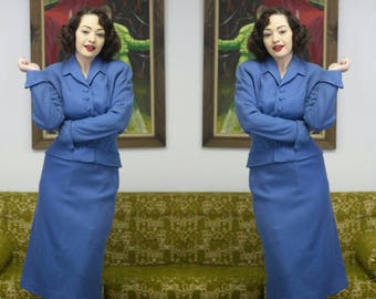 Cornflower Suit | 50s Suit | 1950s Suit | 50s Blue Suit | Wool Suit Blue Wool Suit | Fitted Suit | 1950s Blue Suit | Mrs Maisel | 25" Waist