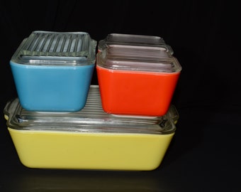 PYREX, Primary, Full set, Fridgies with lids, Vintage Pyrex Set, 1950s, Pyrex Refrigerator Set, 501, 502, 503, 8 pc