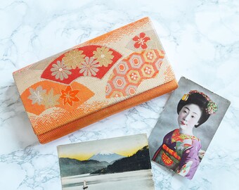Orange clutch bag, bridesmaid clutch, wedding clutch, evening clutch, clutch purse, vintage kimono silk handbag, metallic gold Japanese fan