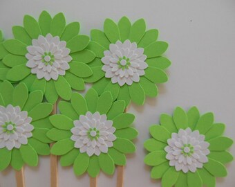 Flower Cupcake Toppers - Lime Green and White Daisies - Girl Birthday Parties - Bridal Showers - Weddings - Girl Baby Showers