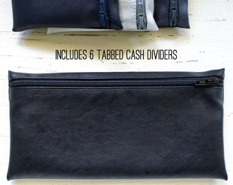 Men's cash envelope system budget wallet with 6 tabbed dividers | black faux fused leather