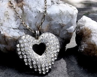Vintage Rhinestone Heart Pendant, Adjustable Chain