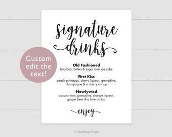 Signature Drinks Bar Sign Editable Template | 8x10 5x7 Instant Download | Wedding Bar Table Printable, Signature Cocktails, Black Navy Gray