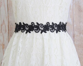 Black Beaded Lace with Satin Ribbon Sash, Bridal Sash , Bridesmaid Sash, Head tie,Flower Girl Sash, Black Lace Headband, Black Lace Belt