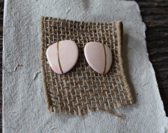 Vintage Pink Enamel on Tile with Gold Accents Pierce Earrings