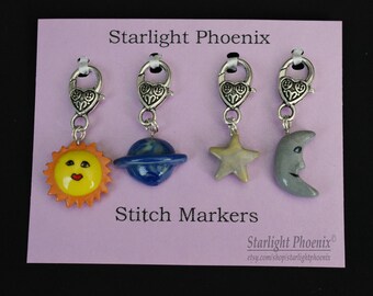 Stitch Markers, Celestial, Galaxy, Solar System, Astrology, Celestial Stitch Markers, Clay Stitch Markers, Yarn Crafts, Knitting, Crocheting