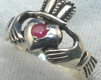Ruby Claddagh Ring, July Birthstone, Hand Crafted Recycled Sterling Silver, handmade, natural ruby, Irish love loyalty friendship fidelity