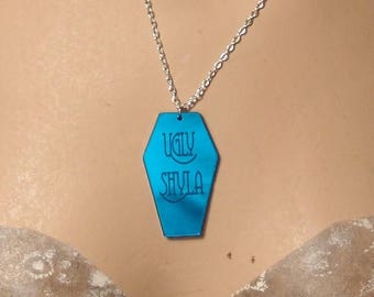 Blue Mirrored Coffin Ugly Shyla Necklace - Pastel Goth - Halloween - Creepy Cute - Acrylic Jewelry