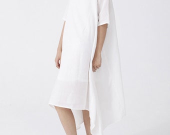 Womens White Linen Dress,Boat Neck Dress,Thin Soft Short Sleeve Midi Dress Tunic