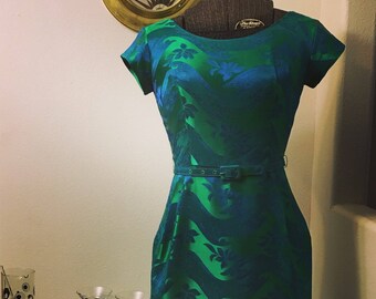 Vintage 1960s emerald green & blue brocade dress