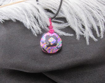 Magenta and Black Rainbow Dichroic Glass Pendant Wire Wrapped with Swarovski Crystal