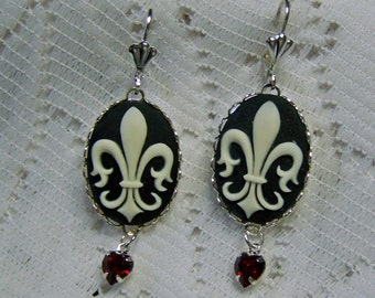 Fleur-de-Lis Cameo Earrings, Fleur-de-Lis Cameo, Black & Ivory, New Orleans Saints, French, France, Paris, Parisian, Chic, silver plated