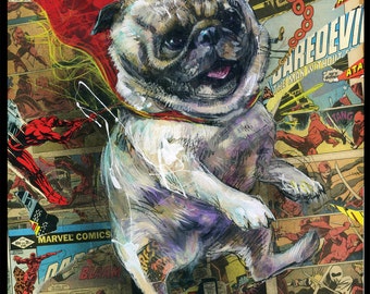 Pug Art Print - Dog Wall Art With Comic Book Collage - "Power Pug!" by Black Ink Art
