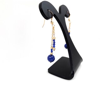 Boucles d’oreilles Lapis-lazuli – Or jaune*, chaine fine, billes Or 14 ct*, pierres fines naturelles, semi-précieuses, bijou artisanal
