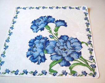 Vintage Handkerchief - 1960s Hankie - Hanky - Blue Carnations - 60s Cotton Handkerchief - Floral Handkerchief - Shower Favor - Gift for Her