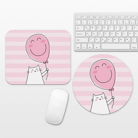 Happy Cat Mouse Pad Balloon Pink Mouse Pad Cat Mousepad Round Cute Mousepad Cute Mouse Pad Fun Mouse Pad Pink Desk Decor Striped Mouse Pad