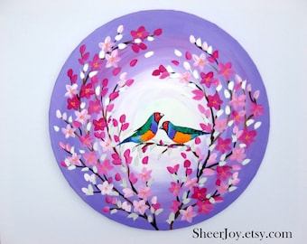 finch gift, finches, with, finch, 2 birds, painting of finches, gift for wife, purple and pink painting, with cherry blossom, Australia, 20"