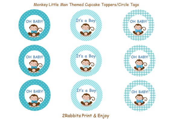 Monkey Little Man Themed Boy Baby Shower Cupcake Toppers