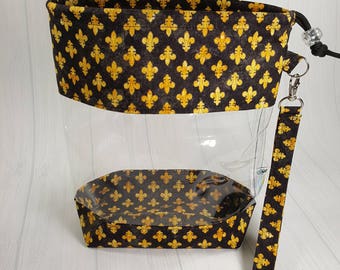 Gold Fleur de Lis Clear Knitting Project Bag, Black & Gold, New Orleans Clear Vinyl Drawstring Bag, Clear tote bag CVS0044
