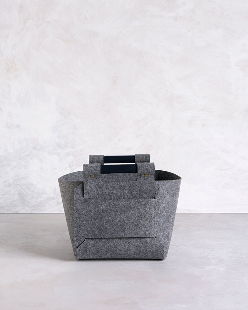 Large Felt Storage Bin with Black Wood Handles Felt Basket