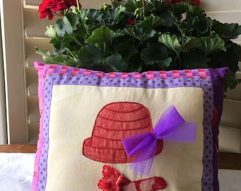 Red Hat Society Pillow - Hand Embroidered Accent Pillow - Whimsical Room Accent - Vintage Lace - Mother's Day Gift - Spring Decor