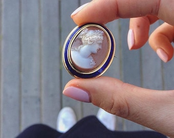 Agate and enamel - 19th century cameo brooch / / / Cameo brooch with enamel - 19th century
