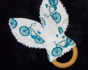 Blue Bicycles Rabbit Ears Wooden Teething Ring
