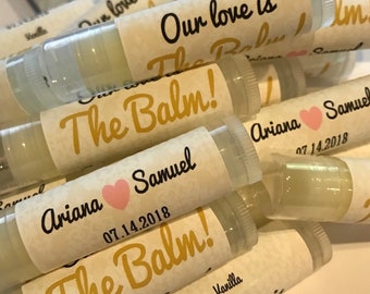 Wedding Favors, Our Love is the Balm Lip Balm Favors, Bridal Party Favors, Gold and Blush Pink
