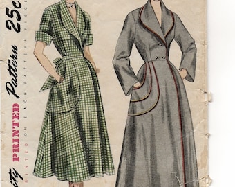 A Short/Long Sleeve, Below-Knee/Floor-Length, Front Button Housecoat/Brunch Coat Pattern for Women: Retro Size 12 Bust 30" • Simplicity 3368