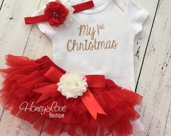 1st Christmas Set GOLD or SILVER glitter bodysuit, red ivory flower headband bow, tutu skirt bloomers infant baby girl First Santa Outfit