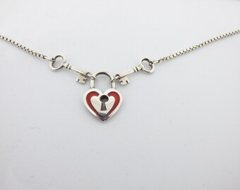 keys heart crown pendant tattoo enamel necklace